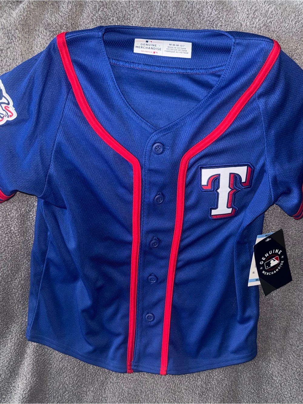 MLB Texas Rangers Royal Blue Kids Baseball Jersey with Red Trim and 'T' Patch